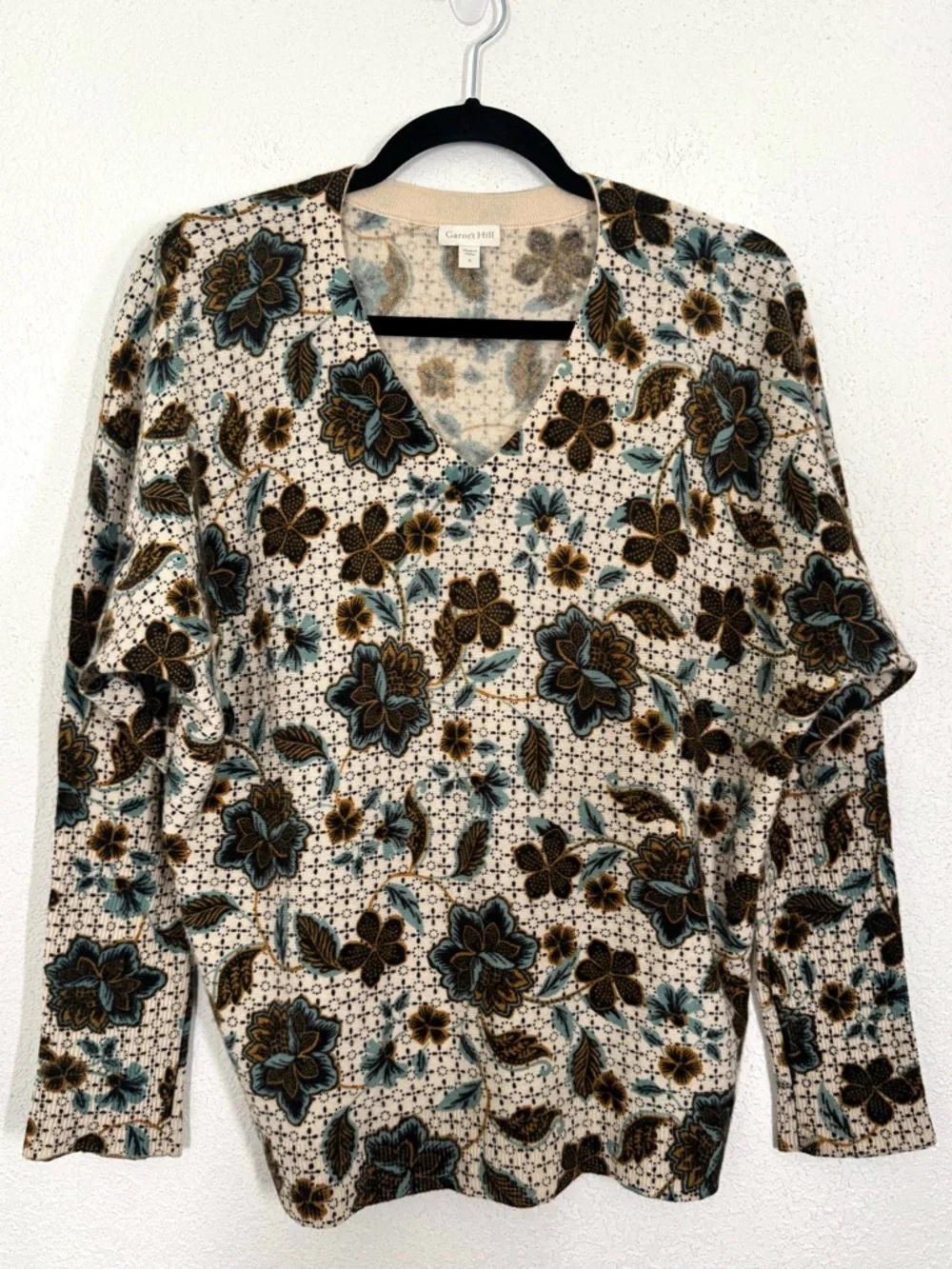 Garnet Hill Essential 100% Cashmere V-Neck Pullover Sweater Floral Size Small